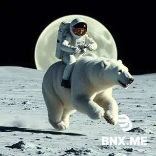 An astronaut rides a polar bear running on the moon