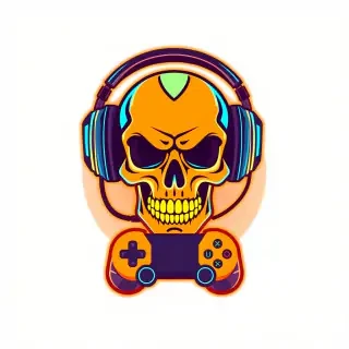 a cool esports logo for a streamer, stylized as a cyberpunk skull with gaming headphones and a controller, neon blue and orange colors, flat vector art, avatar design, transparent background