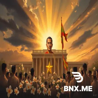 "A solemn and respectful painting commemorating Myanmar's Martyr's Day (19 July). The scene depicts the historic moment of the assassination of General Aung San and his cabinet colleagues in 1947. The composition focuses on a symbolic representation: a portrait of Bogyoke Aung San in the center, surrounded by rays of golden light, with the Burmese flag and a group of grieving yet determined citizens in traditional attire. In the background, the secretariat building (Minister's Office) is shown under a dramatic sky – partly dark clouds for tragedy, partly sunrise for hope and sacrifice. Include elements like white flowers (especially orchids and jasmine), a broken chain symbolizing freedom, and the year '1947' subtly integrated. Style: oil painting, realistic with a touch of heroic idealism, warm earth tones mixed with somber shadows. No violence or blood, only dignified mourning and patriotic resolve. The mood should evoke gratitude, national pride, and a promise to uphold their legacy."