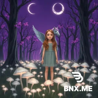 A girl with honey-brown hair stands frozen in a forbidden forest, her eyes wide as she takes in the world around her. Two crescent moons hang in a deep violet sky that casts a purple glow over everything. At her feet, transparent silver mushrooms pulse with faint inner light. The ground has no grass—only pale fungus crawling up the roots of towering hollow trees with torn pinkish-purple leaves. No flowers grow anywhere. A silver Pegasus with a violet mane stands behind her, watching her silently. The atmosphere is eerie, beautiful, and ancient. The trees seem to lean toward the girl, as if listening. Everything is still. The air is thick with magic and silence.
