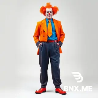 A full-body portrait of a person wearing a whimsical clown costume. The costume consists of: baggy blue jodhpur pants that are wide at the hips and tight at the calves, a blue dress shirt, a bright orange necktie, an orange jacket with extremely wide and exaggerated shoulder pads, and orange Cossack-style leather boots with pointed toes. The person is standing in a confident pose against a simple studio background. Vibrant circus colors, soft diffused lighting, high detail on fabric textures. Realistic digital art style, 8k resolution.