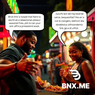 Cinematic photorealistic capture, candid shot, shallow depth of field. At a vibrant nighttime Cinco de Mayo street festival, a man is animatedly giving his friend "the 1,000-yard stare" while gesturing toward a taco truck with one hand and his friend's non-Black girlfriend, who is obliviously ordering, with the other. The speech bubble reads: "Brother, this ain't a relationship; this is a transactional pleasure contract with seasoned fries! Does your long-term Pan-African economic plan involve a quesadilla? No, it does not!" The girlfriend is smiling and smelling the food, completely unaware, while the friend looks down at his tacos, deep in thought, crushed by a cultural verdict delivered over hot sauce.