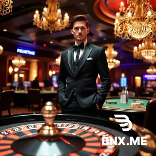 A model standing confidently at a Roulette table in a luxurious casino at night, the atmosphere filled with the glimmer of chandeliers and the buzz of high-stakes gambling. The model is dressed in a refined, classic black tuxedo or a perfectly tailored suit, exuding elegance and sophistication. The suit’s crisp lines and polished appearance reflect the opulence of the casino, with the Roulette wheel spinning in the foreground. The dim lighting and rich colors of the casino enhance the sense of intrigue and glamour as the model blends into the high-class, late-night scene.