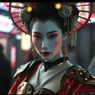 r3dcma, 35mm movie still;  Cyberpunk geisha, futuristic koshirae, neo-Tokyo aesthetic, armor plates, luminous skin, piercing gaze, digital age samurai, high-fashion editorial, ethereal lighting, cultural fusion masterpiece.  In the style of r3dcma
