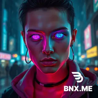 Cyberpunk portrait of a human with cybernetic implants, glowing LED eyes, neon purple and cyan reflections on the face, futuristic tech-wear outfit, rainy neon city in the background, holographic particles, cinematic lighting, ultra-detailed, 8k, dystopian atmosphere.