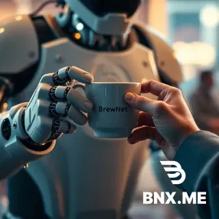 A cinematic, hyper-detailed poster of a futuristic robot barista handing a steaming ceramic cup of coffee to a human customer — extreme close-up on both sets of hands and fingers, showing mechanical articulation and soft, realistic human skin. The robot has a small logo on its chest that reads “BrewNet” in clean sans-serif, warm cinematic rim lighting, shallow depth of field, 8k detail, photorealistic, subtle film grain. Emphasize realistic fingers and correct anatomy, no extra or missing digits, no floating limbs. Include a faint cityscape bokeh in the background.