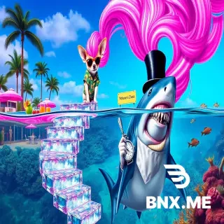 A maniacally smiling Chihuahua wearing tiny sunglasses and a Hawaiian shirt sits on the shoulder of a wild-eyed girl with neon-pink hair that defies gravity, twisting into spiral shapes like a tornado. She descends a floating staircase of five crystal steps that hover above the sea. Below the surface, a sophisticated shark in a top hat and monocle sits at an underwater dining table, holding a silver fork and a curved knife, a lobster bib around its neck. The shark checks a pocket watch impatiently. Above water: luxury summer resort with palm trees, cocktails, and a sign "Welcome to Chaos". Underwater: coral reef with statues, sunken treasure, and fish wearing pearls. The water is perfectly transparent, split by the surface. Grotesque, surreal, epic composition, trending on ArtStation, vivid neon and pastel colors, absurd humor, ultra-detailed.