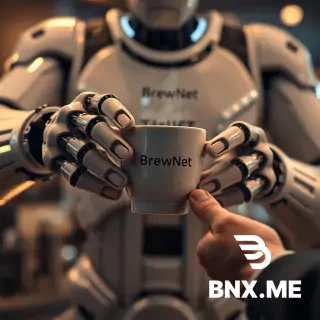 A cinematic, hyper-detailed poster of a futuristic robot barista handing a steaming ceramic cup of coffee to a human customer — extreme close-up on both sets of hands and fingers, showing mechanical articulation and soft, realistic human skin. The robot has a small logo on its chest that reads “BrewNet” in clean sans-serif, warm cinematic rim lighting, shallow depth of field, 8k detail, photorealistic, subtle film grain. Emphasize realistic fingers and correct anatomy, no extra or missing digits, no floating limbs. Include a faint cityscape bokeh in the background.