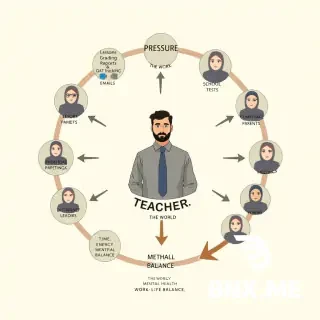 A diagram showing a male teacher in the center, surrounded by circles and arrows representing pressure from school administration, district leaders, school board, society, and the education system. All female characters (mothers of students, female administrators, female school board members, etc.) are wearing hijab. The teacher is surrounded by words like: "Lessons, Grading, Reports, Data Tracking, Behavior, Emails, Standardized Tests, Paperwork, Meetings, Forms, Documentation, Compliance." Outer circles contain text such as: "THE WORLD, SOCIETY, PARENTS, SCHOOL BOARD, DISTRICT LEADERS, SCHOOL ADMIN." An arrow pointing to the teacher is labeled: "TIME, ENERGY, MENTAL HEALTH, WORK-LIFE BALANCE." The background is simple, colors are muted/calm, and all text is in English.