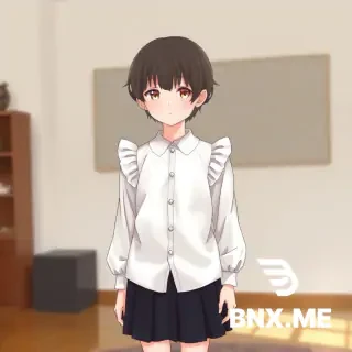 A full-length, realistic image of a Japanese boy wearing a white satin blouse with puffy shoulders, a short black pleated skirt, and ساثثق black ankle socks, standing in a room with a feminine and shy pose.