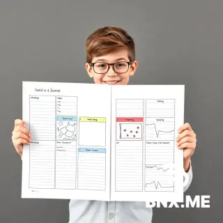 create an image of a student holding a poster divided in 4 journals, make it colorful.