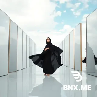 white Middle Eastern woman model wearing a flowing black abaya, editorial fashion campaign, neutral film grade, gentle highlight rolloff, soft contrast, natural skin with visible pores and fine texture, true color, minimal retouch, refined styling, no logos, no text, no watermark, realistic proportions, consistent palette in neutrals with one accent color, subtle depth of field, elegant composition; surreal set of upright mirrors on a reflective floor, cloudy sky reflected around the model, clean monochrome outfit, open daylight for even wrap, soft reflections from mirrors, centered composition with repeating mirror geometry, low horizon, tidy reflections, ultra realistic photography