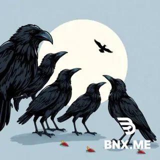 CREATE A CATOON IMAGE OF A MURDER OF CROWS. DUPLICE THE IMAGE BUT IN ONE IMAGE MAKE 5 SUPPLE CHANGES FOR THE VIEWER TO FIND. ALSO AT THE TOP OF THE PAGE PUT THE WORD "MURDER OF CROWS"