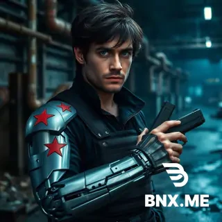 text photorealistic, movie still quality, 8K, high resolution photography, a 28-30 year old Caucasian male, messy dark brown medium-length hair, deep blue eyes, cold and grim expression, fine realistic stubble on upper lip and chin, visible skin pores and minor battle scars. **silver metallic mechanical left arm**, full mechanical structure from shoulder to fingers, visible rivets and segmented joints, a **red five-pointed star** on the shoulder, scratches and wear marks on metal surface. wearing a **black tactical jacket** with stand collar, left sleeve completely torn off exposing the entire mechanical arm, dark gray tactical vest underneath. right hand holding a black pistol. background: abandoned industrial area at night, rusted pipes, broken glass, puddles on ground. **cold white side backlighting**, hard shadows on face, strong metallic highlights on mechanical arm. half-body shot, 45-degree profile, low angle looking up, shallow depth of field with blurred background, cool blue-gray tone. **negative prompts: deformed fingers, six fingers, low resolution, blurry, watermark, text, logo, comic style, oil painting, overly smooth skin, smile, anime, cartoon, 3D render, plastic texture.**