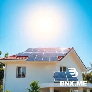 A bright, sunlit modern home in Hyderabad, India, with high-efficiency solar panels prominently covering the rooftop. The sun is positioned in the upper corner, casting warm golden rays directly onto the panels. A subtle glow or clean energy symbol (like a small sunburst or green leaf energy wave) near the panels reinforces renewable energy. The home looks eco-friendly and well-maintained, with a clear blue sky and soft green surroundings. No technicians in foreground — focus is entirely on the house, solar panels, and sunlight. Ultra-realistic, cinematic, clean, inspiring, wide angle (16:9). No text, no logos