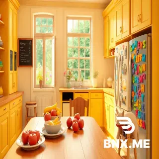 "3D animated interior scene, a warm cozy kitchen with bright yellow cabinets and a big wooden dining table, colorful plates and bowls shaped like animals, a high chair with a tray, fruit bowls filled with bright red apples, yellow bananas, and purple grapes, a chalkboard menu board on the wall, a window showing a sunny garden with flowers, small potted herbs on the windowsill, a refrigerator covered with colorful magnet letters and numbers, warm golden lighting, Pixar/Illumination style, bright vibrant colors, high detail, 8k resolution."