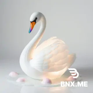 3D porcelain swan with rainbow glass beak and spiral feathers, standing on pastel ice cream pond, glowing softly from inside, high fashion surreal tone.