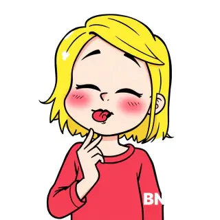 cartoon style drawing of a blonde girl, after eating, letting out a small burp, funny expression, cheeks puffed, hand near mouth, simple colorful background, comic style, cute and humorous"