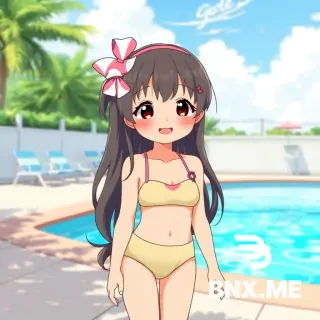 adorable young girl wearing a tiny two piece bathing suit standing near a swimming pool