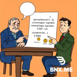 Colorful european comic book style, ligne claire, clear black ink outlines, flat colors. Two men sitting at a wooden brown table: elderly Sidorov (dark blue jacket, gray hair, wrinkles) on left, young Petrov (dark green jacket, short dark hair) on right. They point at a large paper showing: "Uchastniku 1 prinadlezhit dolja 30% ustavnogo kapitala nominalnaja stoimost 3000 rub. Uchastniku 2 - 10% nominalnaja stoimost 1000 rub." Next to text, two coin piles: three gold coins labeled "3000", one gold coin labeled "1000". Empty white speech bubbles above both heads, completely empty. Background pale orange.