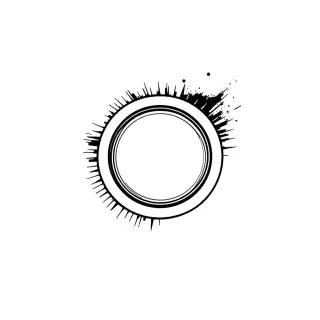 Abstract logo for a band photographer. A minimalist outline of a camera lens. The top half of the lens rim dissolves into dynamic, fast speed lines or abstract dust motes. Kinetic energy, editorial photography branding, vector graphic, black lines on white, modern, rebellious --no text --stylize 250