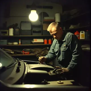 Dimly lit, slightly out-of-focus photo from an old Android phone, circa 2015. A mechanic, covered in grease and wearing a torn jumpsuit, leans over the engine of a car inside a cluttered garage. The shelves behind him are crammed with tools, oil cans, and spare parts, creating a chaotic backdrop. A single overhead bulb casts a sharp light on the engine, highlighting the mechanic's focused expression as he tightens a bolt. The scene feels gritty and raw, with the smell of motor oil practically emanating from the image.