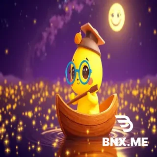 "3D animated scene, cute golden star character Lumi with oversized round baby-blue glasses slightly crooked, tiny tilted graduation cap with dangling gold tassel, big round brown eyes with long eyelashes and shiny catchlights, rosy pink cheeks, small heart-shaped smile, short chubby arms with rounded fingers, stubby legs with tiny toes. Lumi is sitting on a small wooden boat shaped like a crescent moon, floating on a magical river of twinkling stars in the night sky. Lumi holds a tiny wooden oar, swinging it gently through the starry water, creating ripples of golden light. The boat rocks gently back and forth. Background: deep purple night sky, glowing Milky Way, friendly smiling moon in the distance, sparkling stars everywhere, soft glowing clouds. Pixar/Illumination style, soft volumetric rim lighting, vibrant preschool colors, glossy textures, high detail, 8k resolution, bright cheerful expression, cinematic wide shot, magical atmosphere."