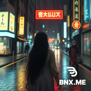 Flashback memory scene, heavy rain at night on an empty street, a beautiful woman with long black hair walking away into the distance without looking back, wet pavement reflecting neon signs, melancholic sepia and warm orange tone, motion blur effect, anime style, cinematic composition.