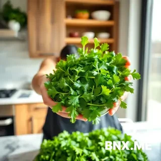 A person preparing or holding a fresh green salad in a modern kitchen, filled with spinach, arugula, and parsley, with bright, natural light streaming in through a window.