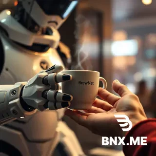 A cinematic, hyper-detailed poster of a futuristic robot barista handing a steaming ceramic cup of coffee to a human customer — extreme close-up on both sets of hands and fingers, showing mechanical articulation and soft, realistic human skin. The robot has a small logo on its chest that reads “BrewNet” in clean sans-serif, warm cinematic rim lighting, shallow depth of field, 8k detail, photorealistic, subtle film grain. Emphasize realistic fingers and correct anatomy, no extra or missing digits, no floating limbs. Include a faint cityscape bokeh in the background.