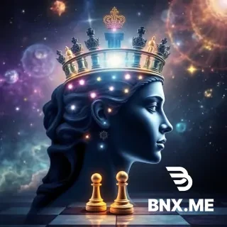 Inside the mind of the chess queen, spiritual queen consciousness, her head made of a glowing chessboard, each chess piece representing a thought or emotion, luminous crown of light, cosmic background, mystical, symbolic, surreal, ultra detailed