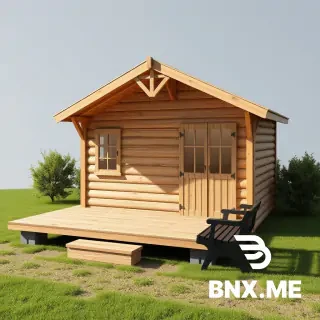 add a wooden hut with pent roof, 3.2m wide 3.5m deep, with a wood platform in front 3.2m wide by 2.5m deep the platform to start from where the black bench is in the image, make it have a pent roof with the lower side on the left (6degree roof pent pitch) raise the hut and the platfrom 1m high set on blocks