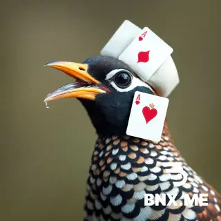 a partridge wearing a bonnet with an ace of diamonds in its beak