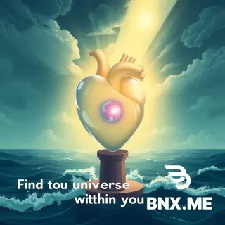 An illustration of a human heart made of translucent glass, standing on a pedestal amidst a stormy sea. Rays of sunlight pierce the clouds, illuminating the heart, revealing a tiny universe within. The quote 'Find the universe within you' is etched in bold letters across the horizon.