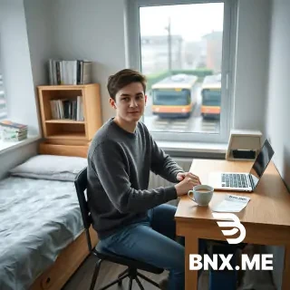 Photorealistic, medium shot of a young international student sitting at a simple wooden desk in a modest, cozy dorm room in Oslo, Norway. The room has a single bed with a plain duvet, a small bookshelf with a few textbooks, a laptop open, and a window showing a rainy Scandinavian street with trams. On the desk, there is a calculator, a cup of coffee, and a grocery receipt from "Rema 1000". The student looks focused but calm, wearing a warm sweater. The lighting is soft, overcast daylight from the window. No text, no letters, no numbers on any object. No watermarks, no logos, no brand names visible on clothes, devices, or products. No flags, no political symbols. No advertising or promotional elements. Neutral, documentary style. Aspect ratio 1:1