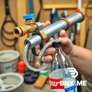A realistic, highly detailed photograph of a homemade water blaster toy. The blaster is constructed from two galvanized steel pipes: a main pipe 25cm long with 27mm diameter, and a smaller 17cm pipe zip-tied underneath as a shoulder support. A brass ball valve is attached to the front as a water release mechanism. A plastic bottle cap with a tiny 2.6mm drilled hole serves as the water nozzle. A clear aquarium hose runs from the rear of the main pipe down to a large 2-liter cola bottle acting as the water tank. A binder clip is clamped onto the hose as a shut-off valve. A bicycle tire valve (Schrader valve) is visible on the rear end of the main pipe for pumping air. The pipes are silver-grey galvanized metal with visible zip-ties, duct tape, and hot glue seals. The blaster is held like a two-handed rifle with the stock pressed against the shoulder. Photorealistic, workshop background, sharp focus, detailed, summer toy, safe children's water play.