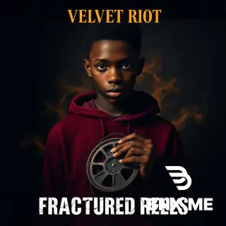"Cinematic poster. A striking black teenager with dark skin, intense eyes, dramatic shadow on face, wearing a velvet burgundy hoodie. Standing in dim room with gold rim light. Holding a vintage film reel. Deep charcoal background. Gold smoke swirls. Moody, aesthetic, emotional. Text 'VELVET RIOT' in elegant gold serif font at top. Text 'FRACTURED REELS' in rough white grunge font underneath. 16:9 ratio. High detail, cinematic lighting, film grain."