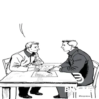 European ligne claire comic, black and white ink drawing. Two men sitting at a wooden table facing each other. On the table: a document with visible text "КОРПОРАТИВНЫЙ ДОГОВОР" and "г. Смоленск 11 ноября 2024 г." and a pen. Left: elderly man (Sidorov, 74, thin, wrinkled face, gray combed hair, dark jacket). Right: young man (Petrov, 24, short dark hair, serious expression, dark jacket). Both with neutral poses. Above each head, an empty speech bubble (white circle with black outline, no text). No other people. Background plain. Clean line art, no shading.