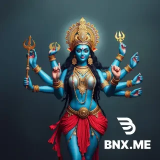 Bikini hindu goddess durga blue skin six arms holding hindu ornaments