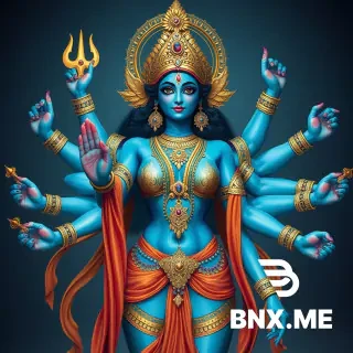 Hindu goddess durga blue skin six arms without any jwellery in bikini