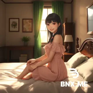 “Beautiful young woman in semi-realistic anime style, sitting on a neatly made bed in a cozy bedroom. Soft morning sunlight enters through a large window behind her, creating warm highlights and gentle shadows. She wears a cute pastel-pink dress with lace details, looking at the viewer with a warm and friendly smile. The room features classic wooden furniture, framed paintings on the walls, and green curtains softly swaying. The atmosphere is peaceful, intimate, and warmly lit, with high detail, soft skin rendering, ultra-detailed eyes, and cinematic lighting.”