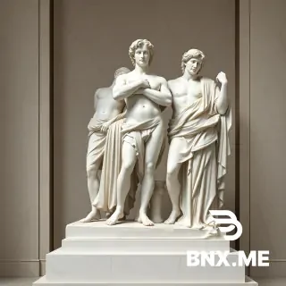 Neoclassical art style, clean lines, heroic poses, marble textures, ancient Greek and Roman aesthetics, muted colors, balanced and symmetrical composition