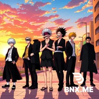 Sure! Here's a detailed English prompt pe Aizen (Bleach), Gojo (Jujutsu Kaisen), Inosuke (Demon Slayer), Light Yagami (Death Note), Zoro (One Piece), Noel Silva (Black Clover), Obito, and Madara (Naruto) — standing side by side in a single straight line, all laughing together uncontrollably. Each character has their unique traits: Aizen with his mysterious smirk, Gojo with his blindfold slightly tilted and white hair messy, Inosuke wearing his boar mask but laughing loudly from the chest, Light with a mischievous schoolboy grin, Zoro with a rare warm smile, Noel with elegant posture but laughing eyes, Obito and Madara standing shoulder to shoulder with ironic, bittersweet laughter. The background is a surreal sunset battlefield mixed with a modern city street, symbolizing peace after conflict. The atmosphere is warm, joyful, and epic. Art style: vibrant anime illustration, cinematic lighting, high detail, colorful, group portrait, dynamic expressions, studio-quality render.with there real faces and masks