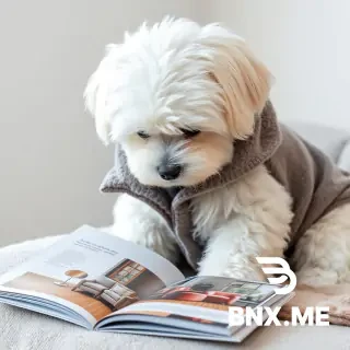 a maltese dog (all white, hairy, fluffy, drooping ears, black eyes and nose, rounded teddy-bear like face), seated,  with a shabby grey dog's coat looking at an open interior design magazine