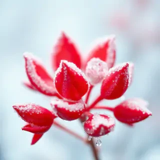 r3dcma, 35mm movie still;  Macro shot of ephemeral red frost blossom:: Ice crystal.  In the style of r3dcma.