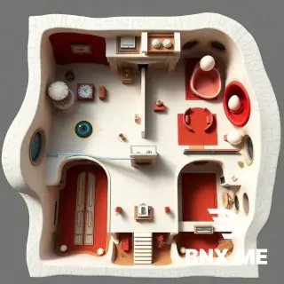 Don't ask me any question just generate the image based on this description:   An artistic, surreal 3D top-down architectural concept rendering of a duplex floor plan, inspired by Salvador Dalí's House of Dream and Time. The layout is organic and fluid. On the ground level, show a large atelier with eye-shaped features and columns resembling elephant legs. The upper level features a dream chamber with a noticeable Mae West Lips Sofa and an ovoid terrace. Include melting clocks, giant egg sculptures, and a color palette of stark white, deep red, and sandy textures. Exaggerated perspective, hyper-detailed, surrealist art style. You are a helpful assistant that generates images based on the user's prompt. You must generate the image based on the user's prompt and the referenced images. You must not ask me any question just generate the image based on the given prompt:  An artistic, surreal 3D top-down architectural concept rendering of a duplex floor plan, inspired by Salvador Dalí's House of Dream and Time. The layout is organic and fluid. On the ground level, show a large atelier with eye-shaped features and columns resembling elephant legs. The upper level features a dream chamber with a noticeable Mae West Lips Sofa and an ovoid terrace. Include melting clocks, giant egg sculptures, and a color palette of stark white, deep red, and sandy textures. Exaggerated perspective, hyper-detailed, surrealist art style.