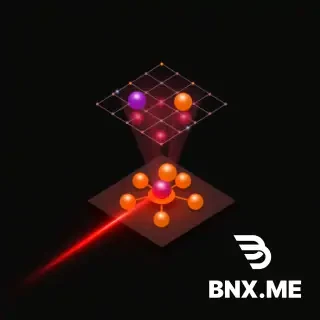 an isometric 2 x 2 square grid the bottom grid is illuminated from below by a red laser beam, the square of the bottom grid have spheres 2 of them of purple color and 2 orange color, from the spheres and directed to the above grid (same grid without spheres)  from each sphere emanates a ray of light the same color of the spheres that reaches the above grid and turns it to the same color of the beam. name each part, example bottom laser as the input laser, the bottom grid is the quantum chip, the top grid is the photodetector teh reays are the outputs of teh quantum chip, background dark grey