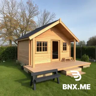 add a wooden hot, 3.2m wide 3.5m deep, with a wood platform in front 3.2m wide by 2.5m deep the platform to start from where the black bench is in the image, make it have a pent roof with the lower side on the left (6deegge roof pitch) raise the hut and the platfrom 1m high set on blocks