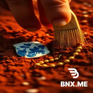 Visual Prompt:* A macro, highly detailed 3D shot of an archaeologist’s hand brushing dirt away from the soil. Emerging from the red earth is a delicate blue-and-white Ming Dynasty porcelain shard lying next to a gold-beaded necklace. The lighting is soft and golden, symbolizing the rediscovery of lost history. Sharp focus, museum-quality detail, cinematic atmosphere.