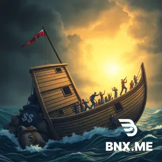 A dramatic, cinematic illustration of a large wooden lifeboat on a stormy sea, tilting dangerously to one side. The boat is heavily weighed down on the left, with dark, heavy objects like money bags, chains, and corporate logos sliding down the deck toward that side. A diverse group of people are struggling and pushing against the tilt, trying to climb to the higher, lighter right side of the boat. On the right side, a few people have reached a higher point and are reaching down to help pull others up, their hands glowing with a warm, soft light. The sky is dark and stormy on the left, but a bright, golden light is breaking through the clouds on the right. The mood is one of struggle, hope, and the urgent need for collective action.